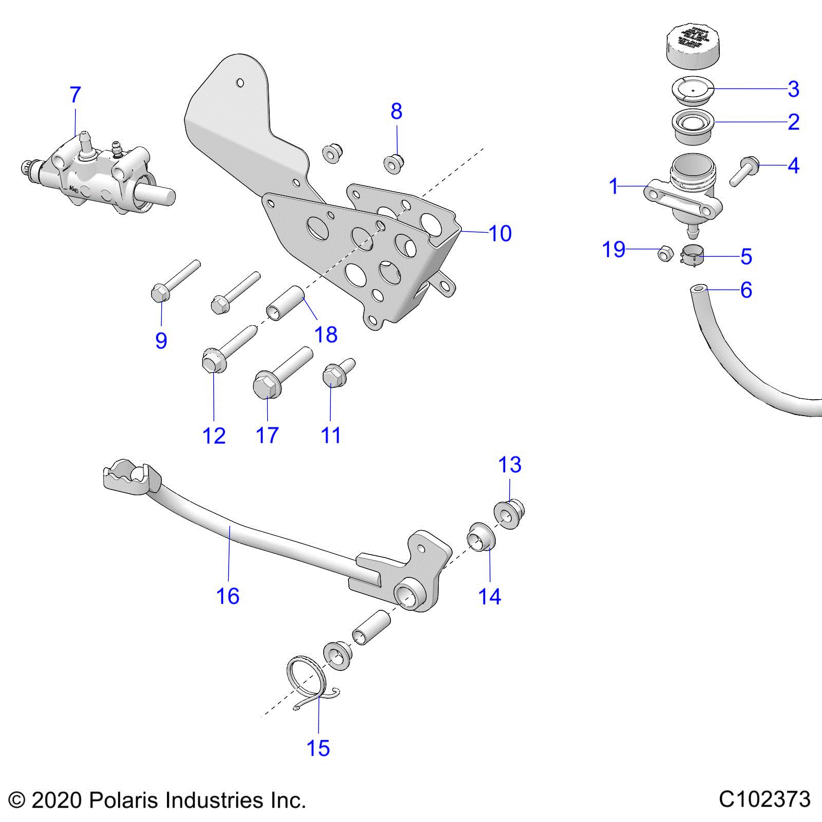 An Image of a Genuine Polaris Parts Schematic Diagram showing the schematic - BRAKES: BRAKE PEDAL and MASTER CYLINDER - 2022 POLARIS SCRAMBLER 850 48"
