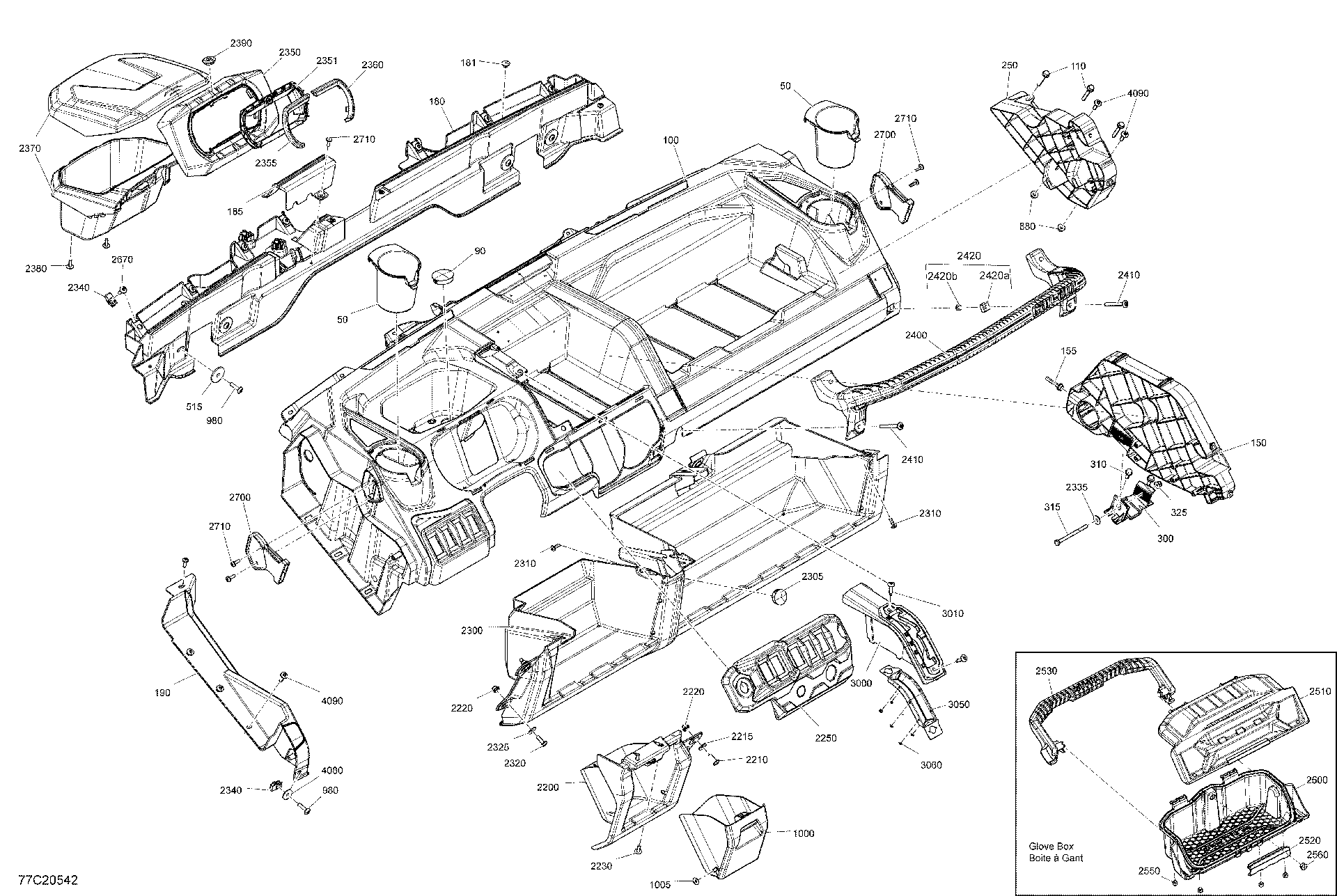 An Image of a Genuine Can-Am Parts Schematic Diagram showing the schematic - CAB INTERIOR - DASHBOARD - BASE - DPS -XT