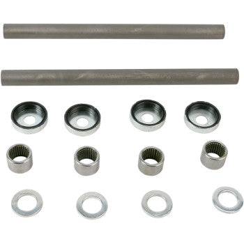The Pivot Works A-Arm Bearing Kit Front Upper includes two rods, four bushings, four needle roller bearings, and four washers for precise steering control—arranged neatly on a white background.