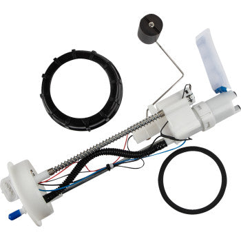White plastic fuel pump module with attached wires, metal float arm, black locking ring, and rubber gasket seal.