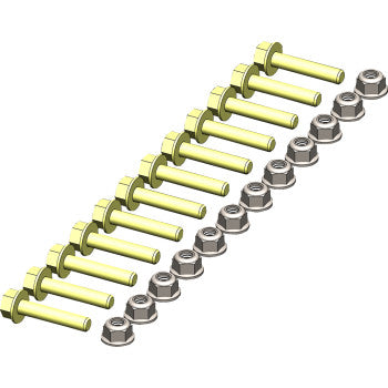 A digital illustration displays ten yellow hex bolts from the Plow Hardware Wear Bar Hardware Kit by Kfi Products, aligned diagonally with gray hex nuts placed to the right of each bolt.