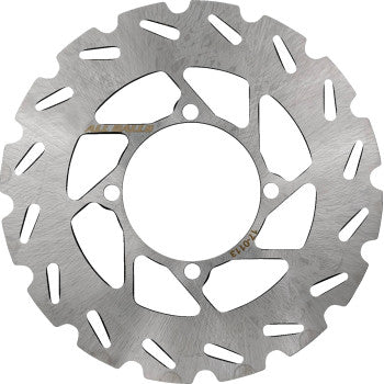 Silver metallic brake rotor with irregular cutouts and mounting holes, circular with a scalloped edge.