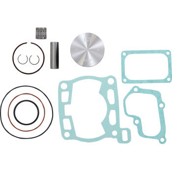 Silver round piston with black metal pin, two small circular clips, brown and black rubber rings, and four blue-green.