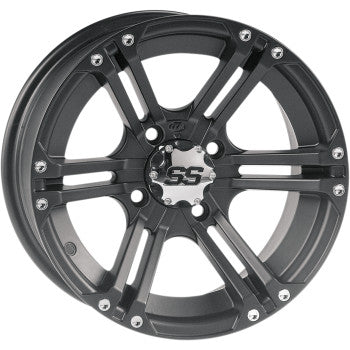 The Wheel SS212 Rear Black 14x8 4/137 5+3 by Itp features a black and silver multi-spoke design, a custom wheel cap with SS lettering, and decorative rivets along the outer edge.