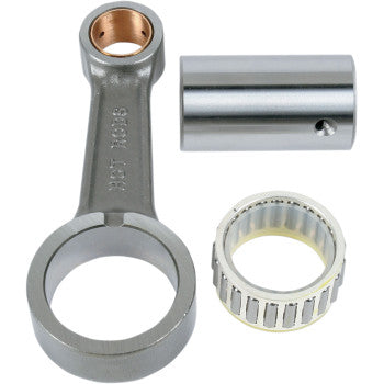 The Yamaha Connecting Rod Kit by Hot Rods includes a metal OE replacement connecting rod, cylindrical pin, and caged needle roller bearing made from 8620 AISI steel, shown isolated on a white background.