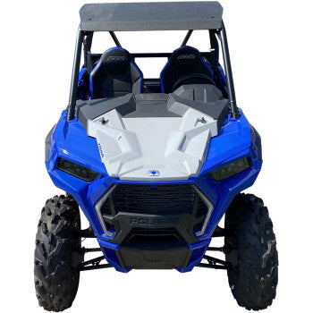 Gray one-piece UTV roof with angular design mounted on blue offroad vehicle with large knobby tires.
