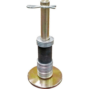 The Plow Skid Single Foot Replacement Kit by Kfi Products features a round base, 0.63 diameter threaded shaft, lock nut, removable top pin, and a zinc-plated finish for durability. Ideal for stabilizing structures in construction settings.