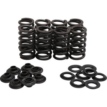 The Honda Valve Spring Kit by Kibblewhite, for 0.470" intake lift and 0." exhaust lift, features black metal dual valve springs, retainers, and washers—perfect for turbo builds or high-performance camshafts.