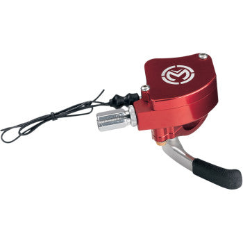 The Easy Pull Thumb Throttle Red by Moose Offroad features a red metal lever with a black grip, logo on the top cover, and cable for connection. Made from billet aluminum, this compact throttle ensures durability and precise control.
