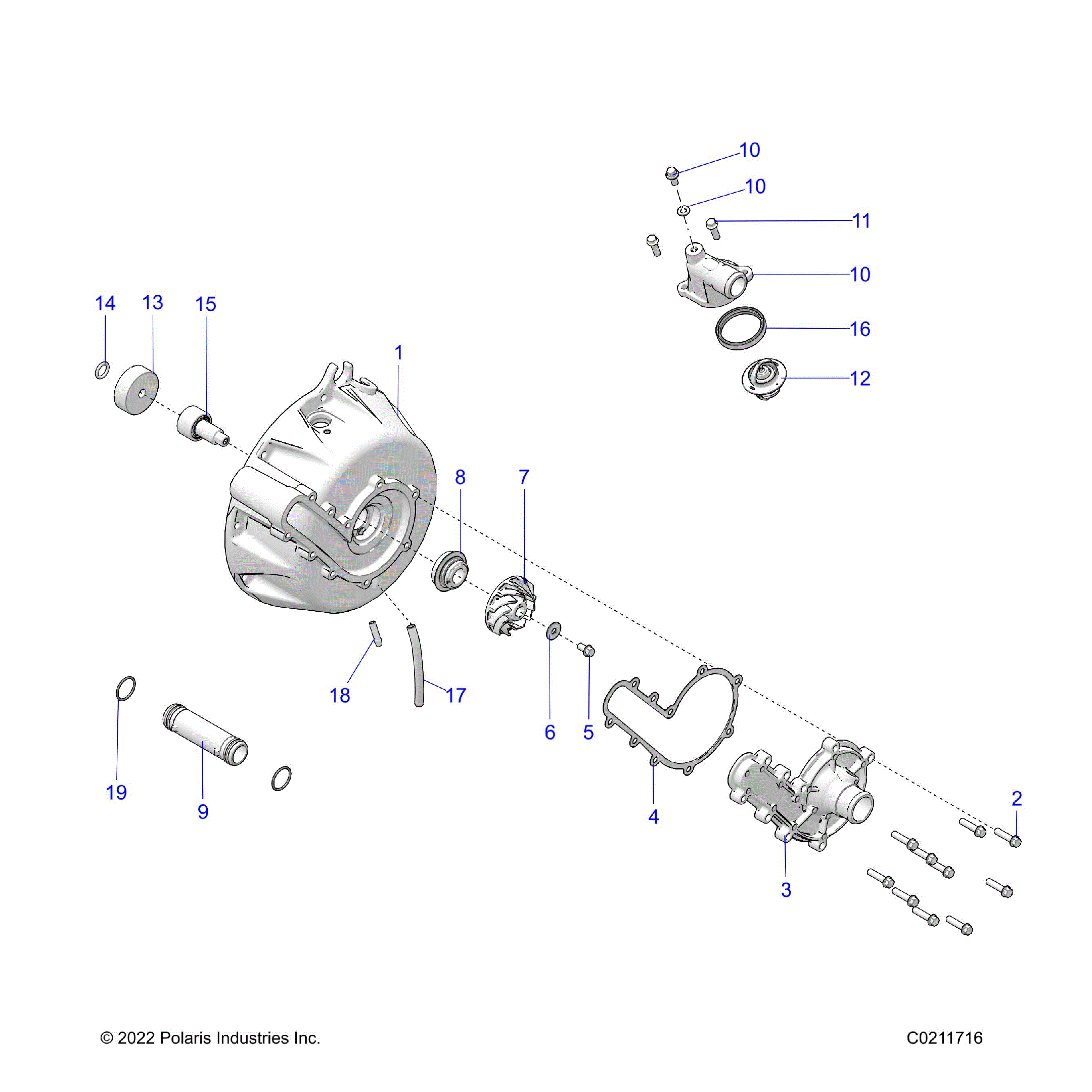 An Image of a Genuine Polaris Parts Schematic Diagram showing the schematic - ENGINE: COOLING SYSTEM and WATER PUMP - 2022 POLARIS SPORTSMAN XP 1000 S 55"