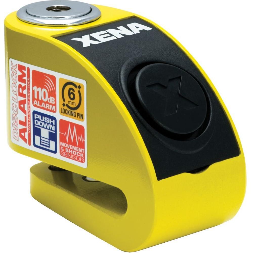 The Xzz6L-Y Alarm Disc Lock Yellow by Xena features a 110 dB alarm, 6mm locking pin, movement/shock sensor, push-down mechanism, and side safety labels for motorcycles or scooters.