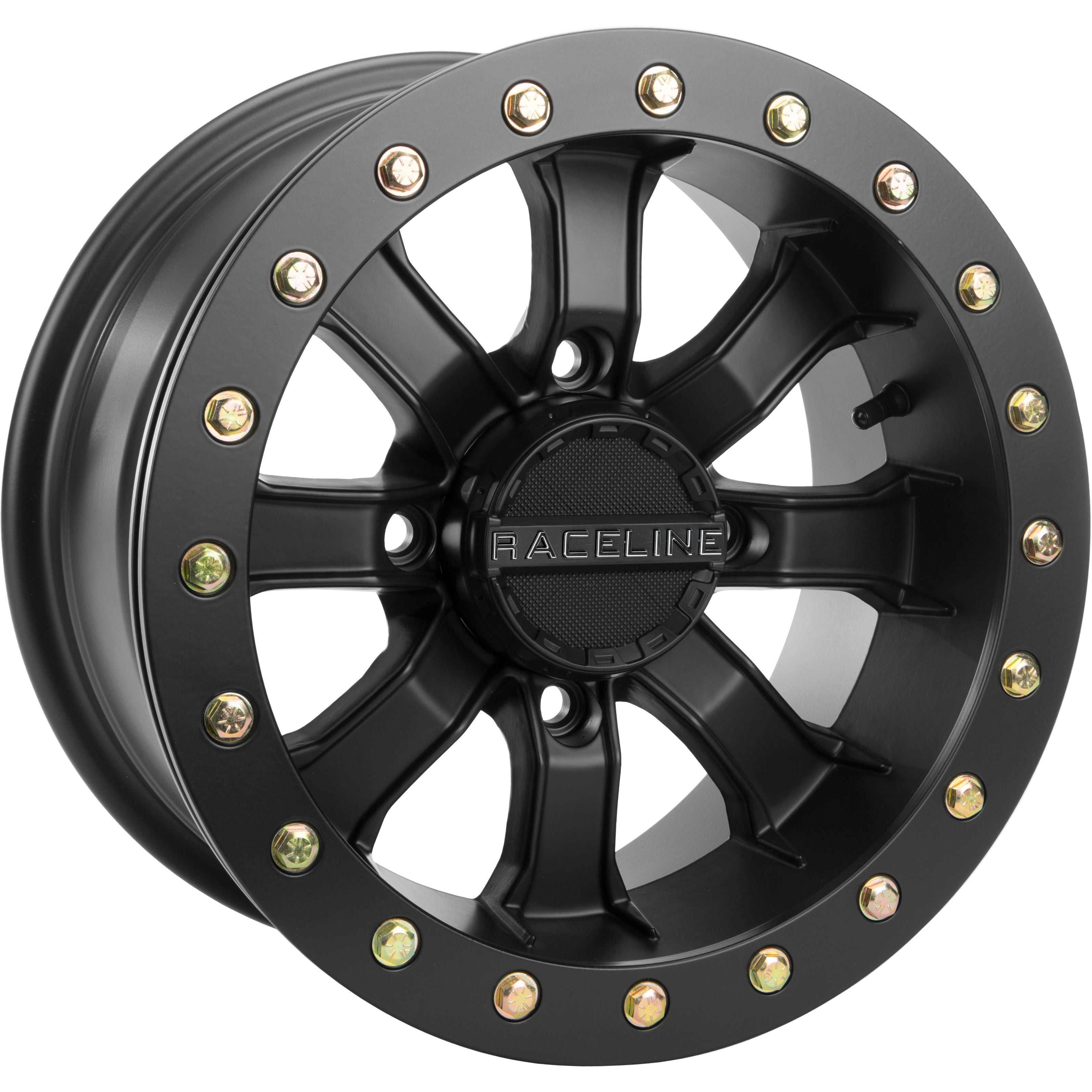 The ATV / UTV Black Mamba Beadlock Wheel 15X7 4/137 3.5+3.5 (0mm) Blackout by Raceline features a matte black multi-spoke alloy design with gold rim bolts and "RACELINE" on the center cap, perfect for heavy-duty UTV use.