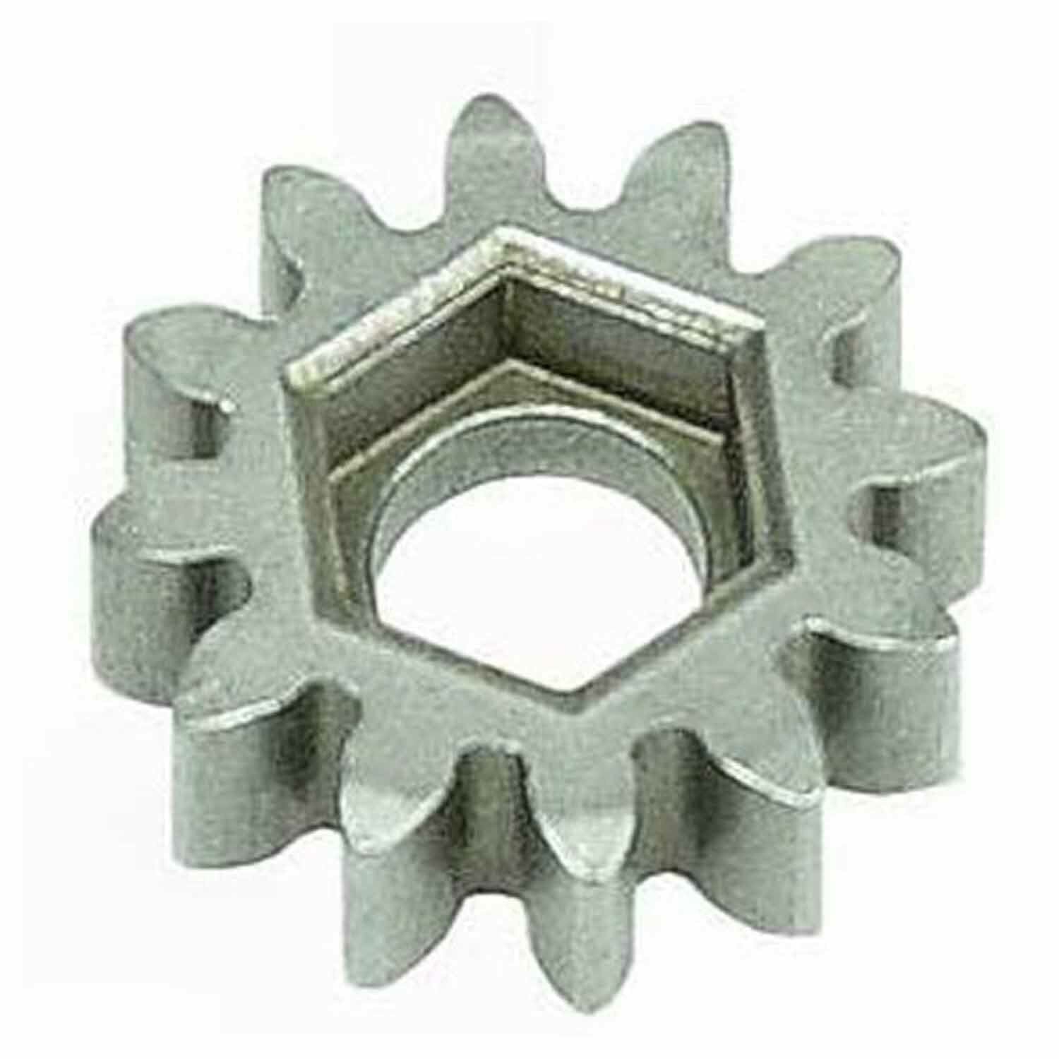 The RT/XT Powersports Winch Replacement Sun Gear by Warn is a metal gear with twelve teeth and a central hexagonal hole, made for mechanical use or as a machine part.