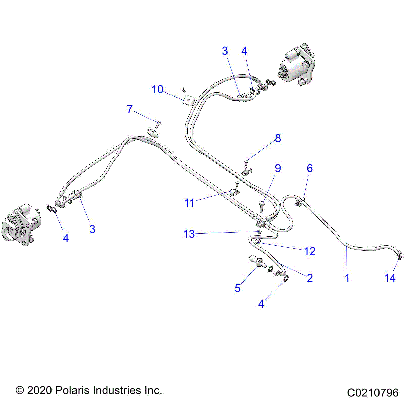An Image of a Genuine Polaris Parts Schematic Diagram showing the schematic - BRAKES: BRAKE LINES REAR - 2021 POLARIS SPORTSMAN 570 X2