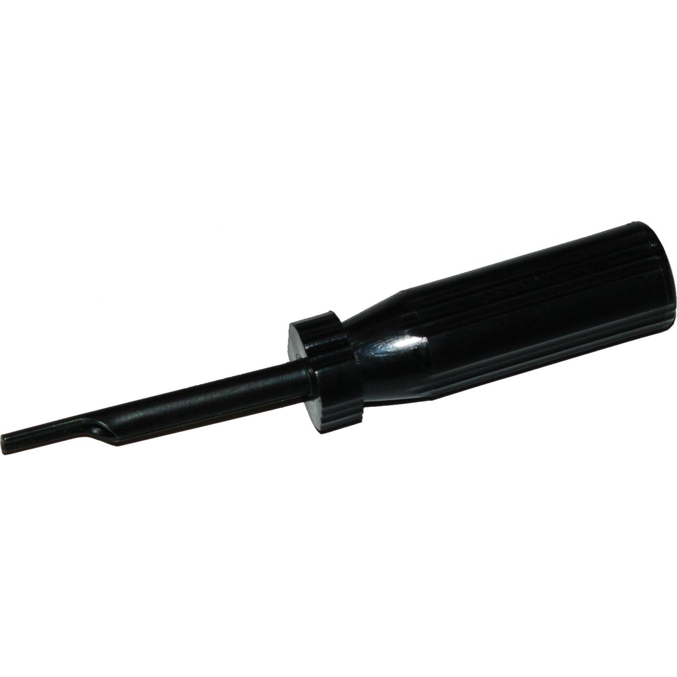 The Matenlock Terminal Remove Tool Female Terminals by Namz Custom Cycle is a black tool with a ridged handle and forked metal tip, designed for easy removal or installation of valve cores in tire valve stems.