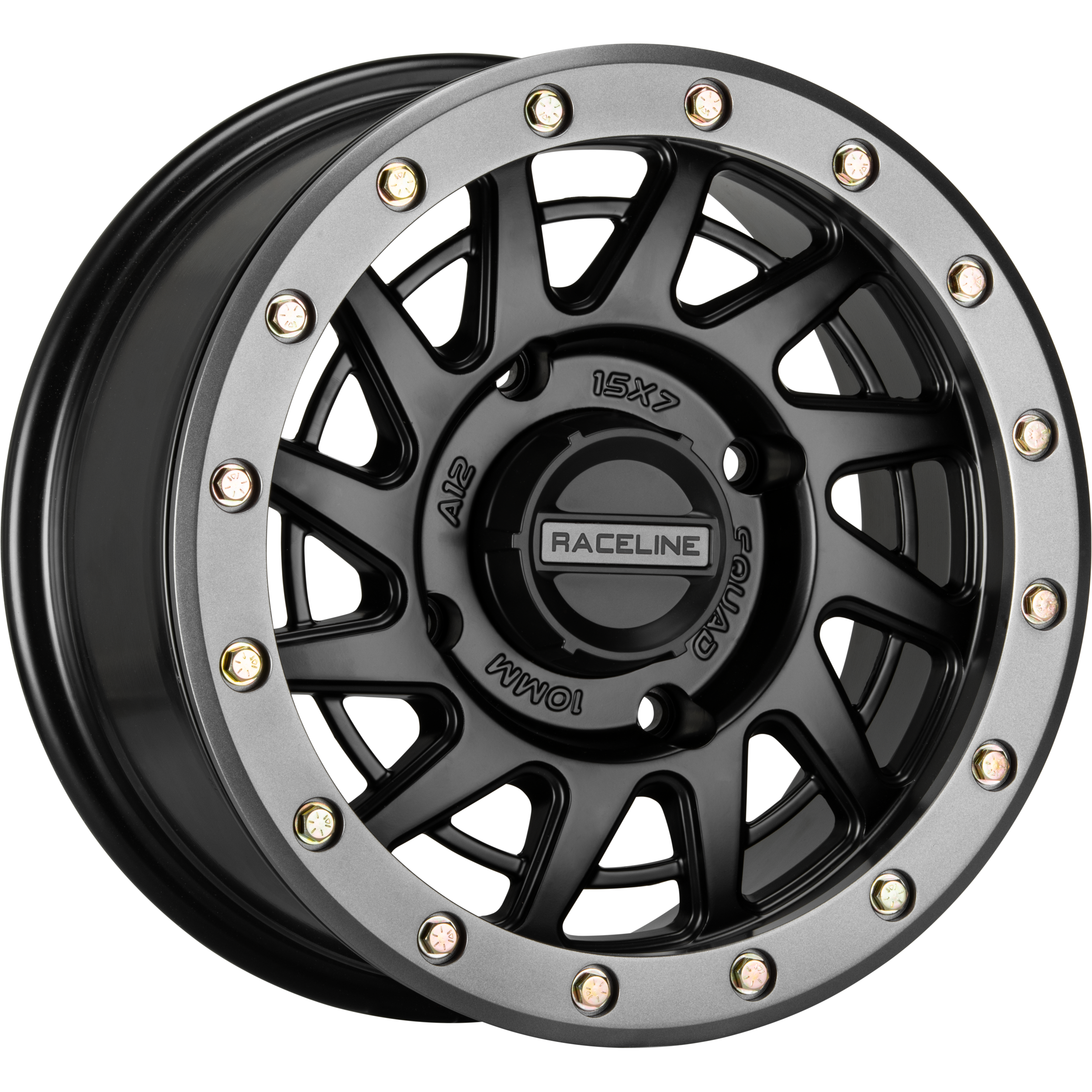 The Raceline ATV/UTV Squad Beadlock Wheel 15x7 features a black and gunmetal finish with a metallic beadlock ring, circular bolt accents, “Raceline” center branding, and is made from durable A356 aluminum.