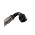 A close-up of the Hose, Cooler, Outlet by Polaris featuring a braided metal design with a black 90-degree angled fitting and threaded connector, shown on a white background. Common in OEM Victory Polaris motorcycle parts.