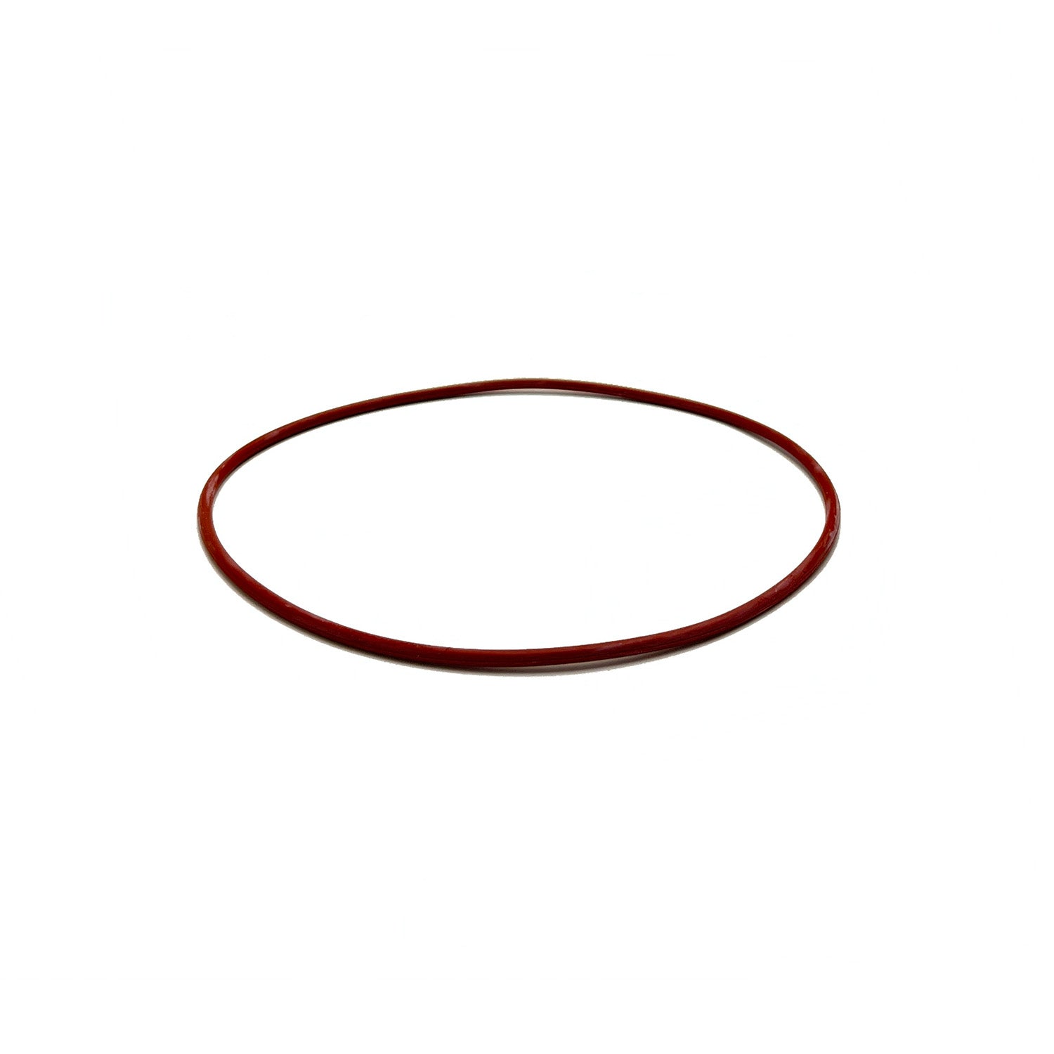 Small red rubber O-ring gasket with smooth surface and circular shape.