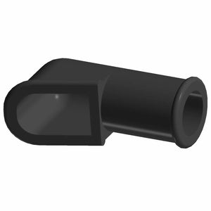 Black right-angle battery cable boot with hollow cylindrical and rectangular ends.