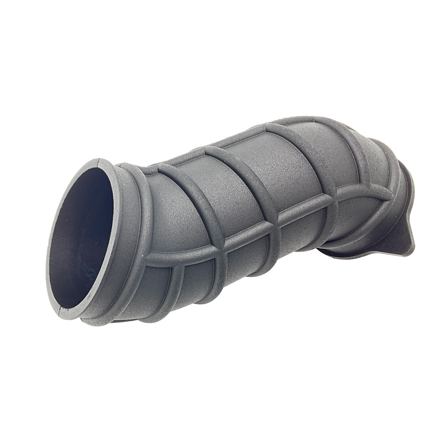 Black textured rubber boot with reinforced ribbing and a curved tubular shape.