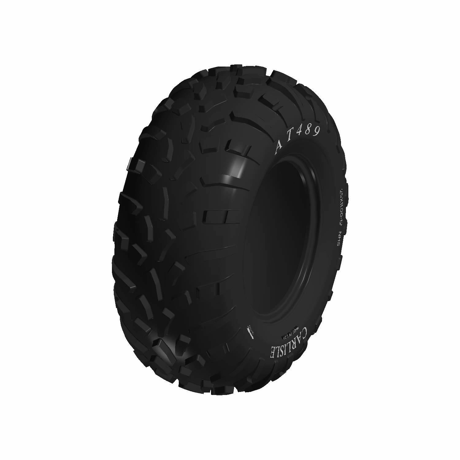 Black off-road rear tire with deep, aggressive tread, size 25 x 11 12 489 by Polaris.