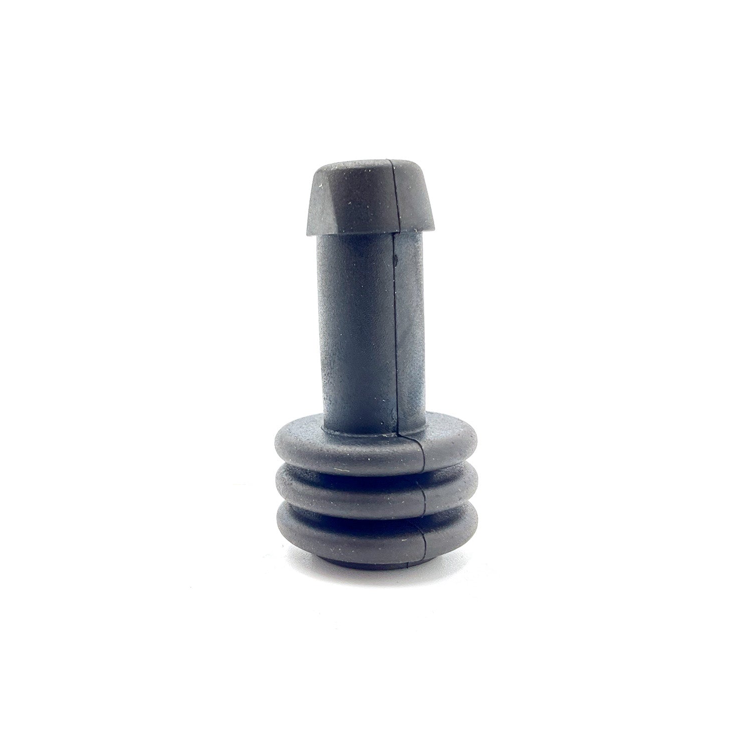 Black rubber pin bushing boot with ribbed base and tapered cylindrical top.