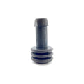 Black rubber pin bushing boot with ribbed base and tapered cylindrical top.