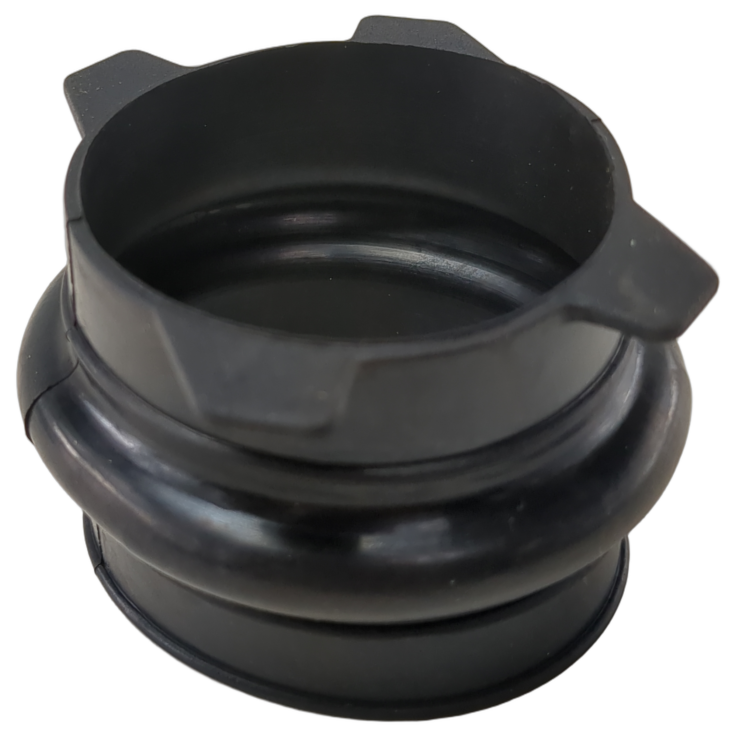Black rubber clutch air intake boot with flexible ridges and three small protruding tabs.