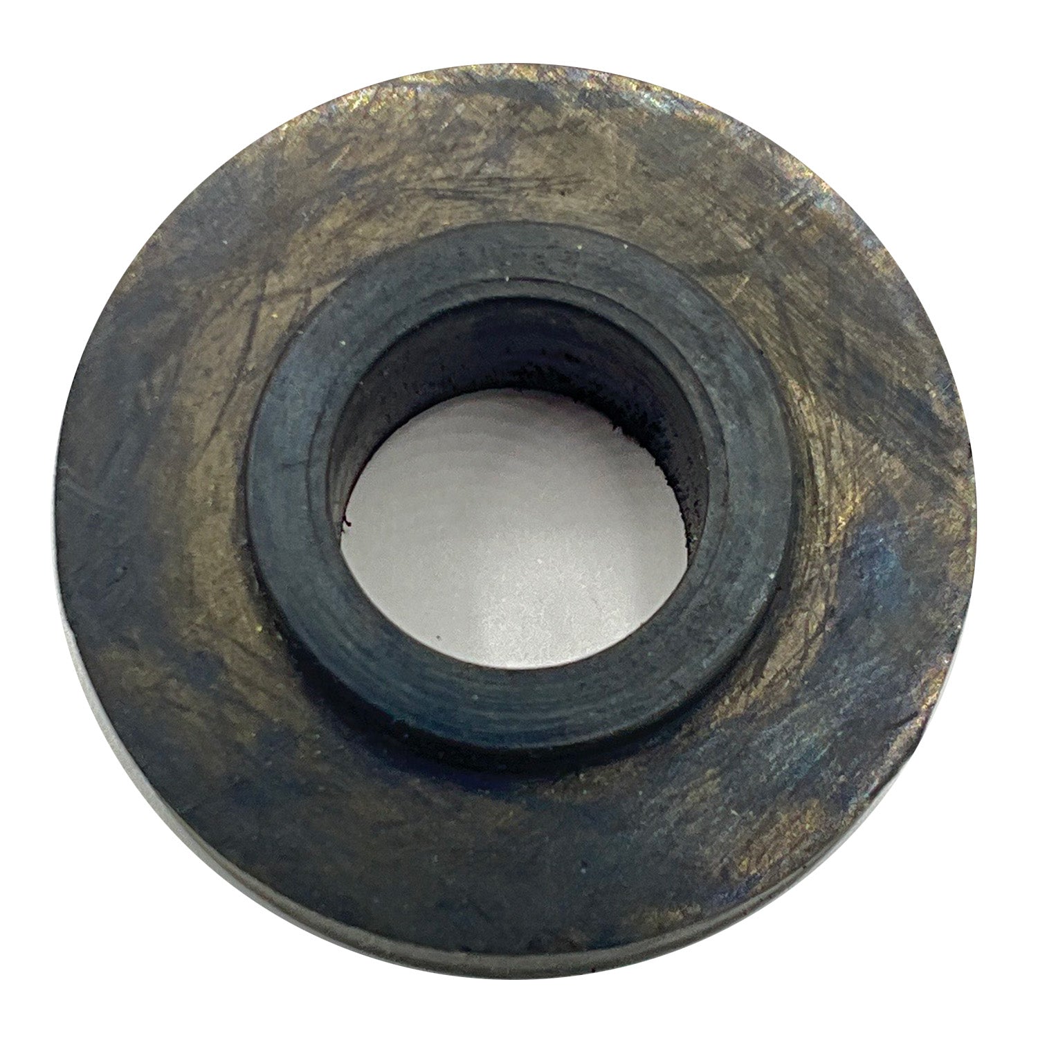 Round black rubber vibration dampener with central hole and textured surface.
