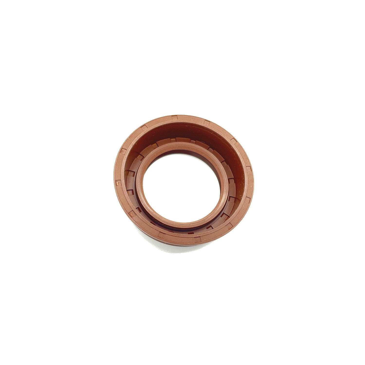 Brown rubber flanged seal with inner helix groove, circular automotive part.