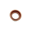 Brown rubber flanged seal with inner helix groove, circular automotive part.