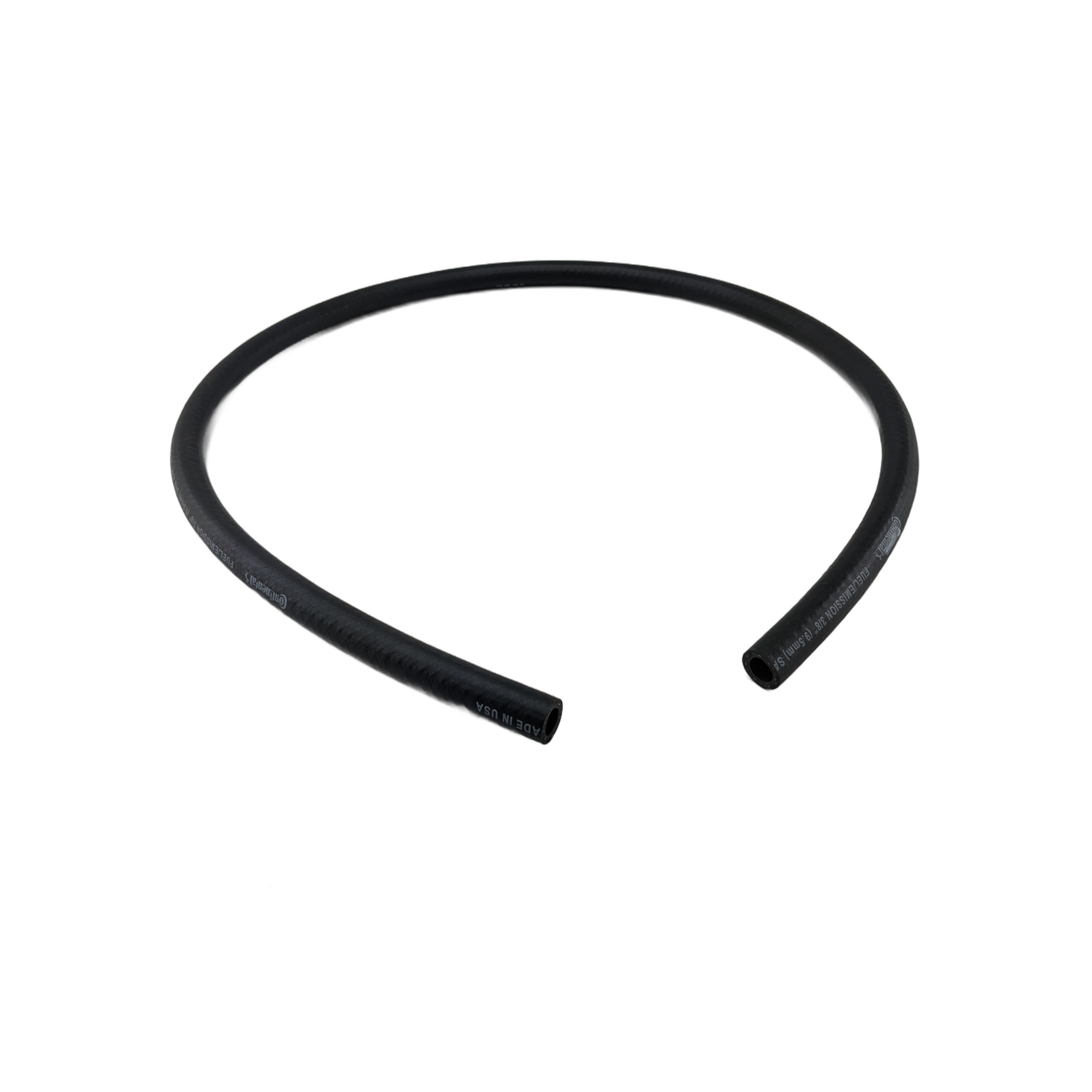 Black flexible rubber hose with a smooth surface and open ends, curved in a semi-circle shape.