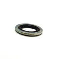 Round metal banjo seal with a black rubber inner ring and flat outer edge.