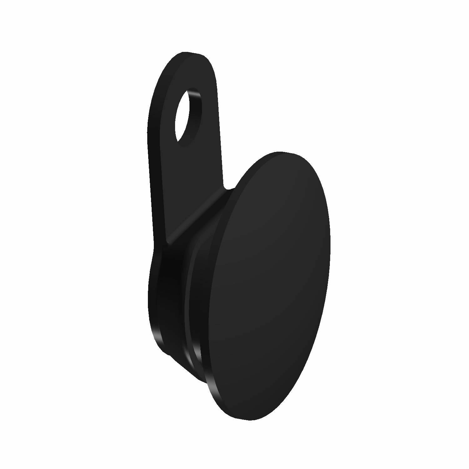 Black round choke hole grommet with a flat mounting tab and a side hole.