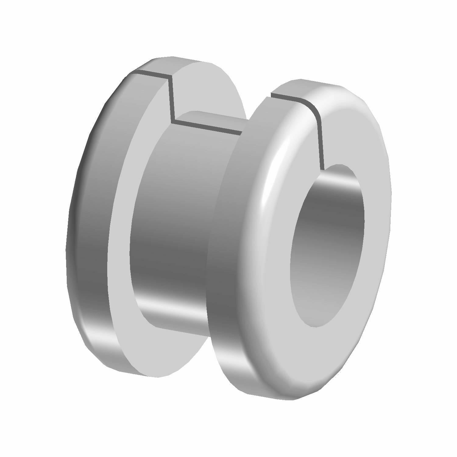 Gray cylindrical grommet with a central wire slit and flanged edges for secure fitting.