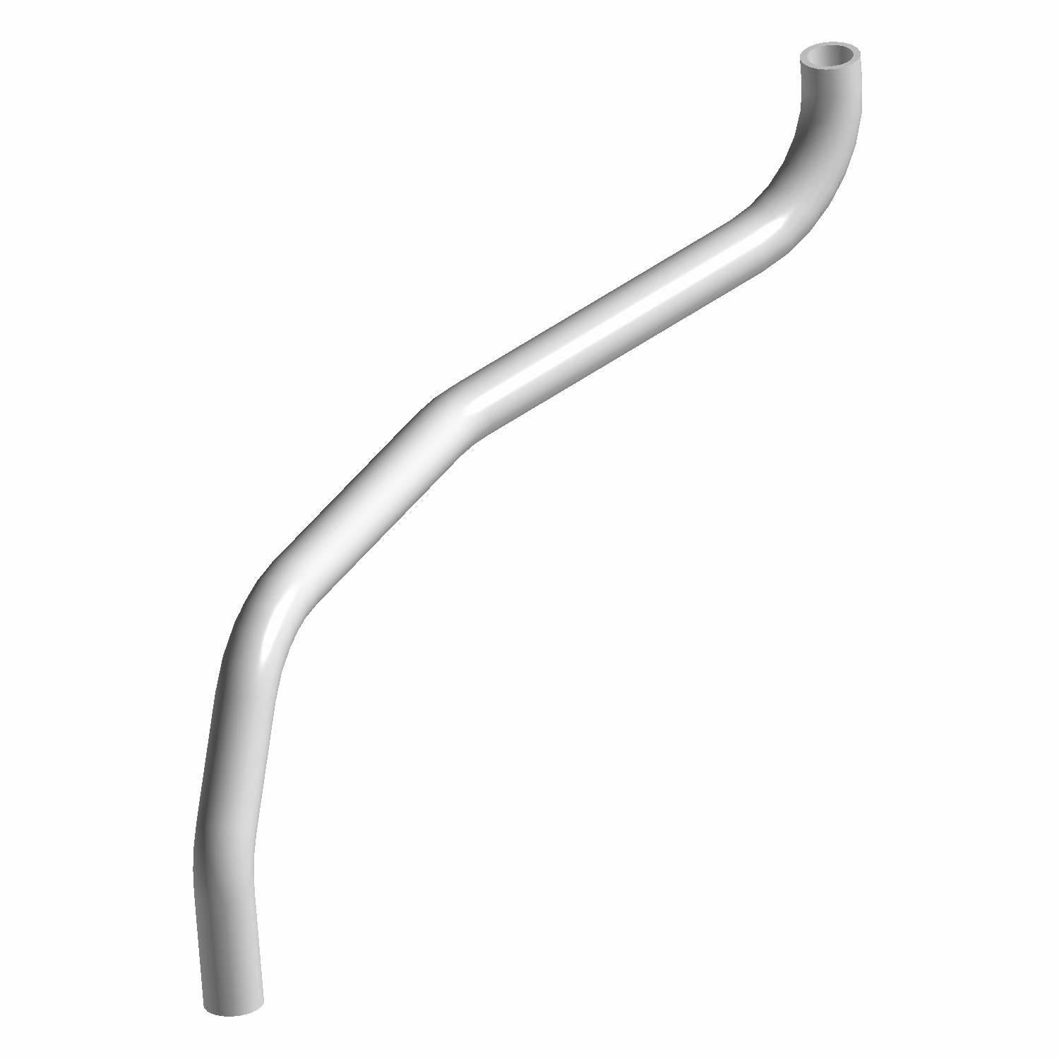 Silver curved metal radiator upper hose with smooth surface and angled ends.