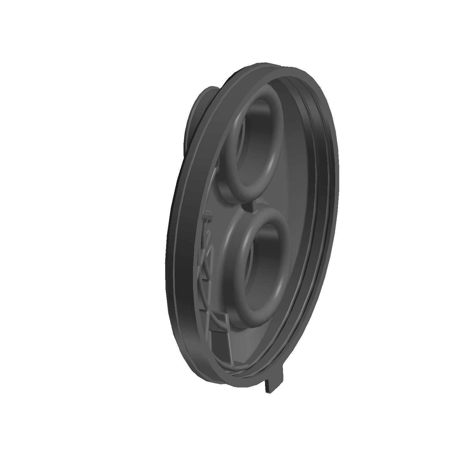 Black round plastic boot with two circular protrusions and a raised outer rim.