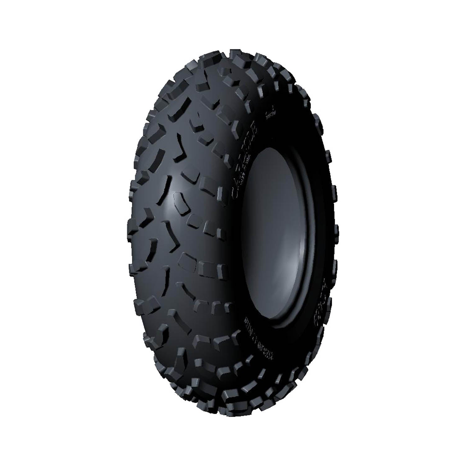 Black off-road tire with deep aggressive tread pattern, rugged sidewall, 25 x 8 12 size.