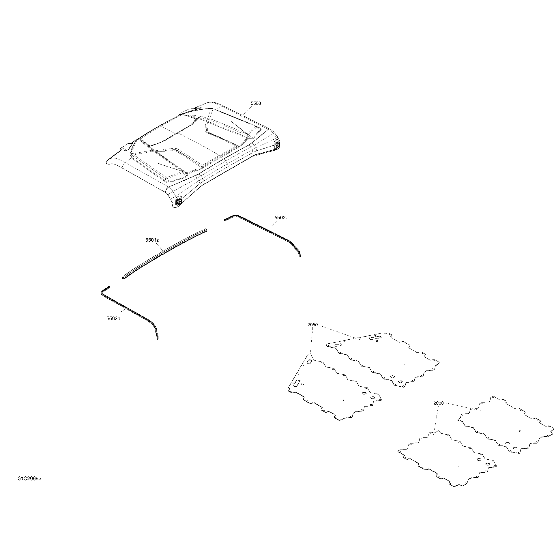 An Image of a Genuine Can-Am Parts Schematic Diagram showing the schematic - BODY - ROOF - SKID PLATE - XT