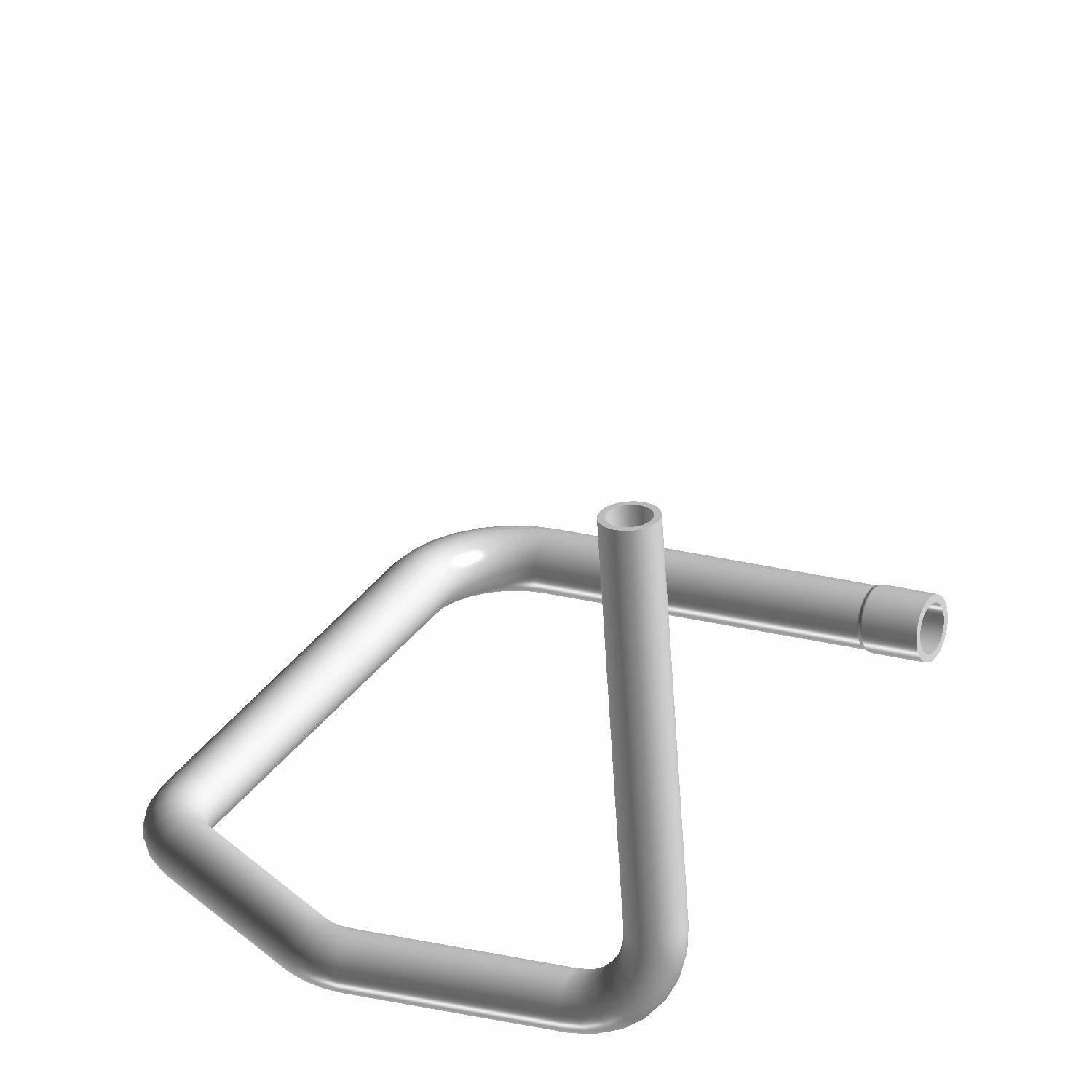 Gray molded plastic engine outlet hose with angled and straight tubular sections.