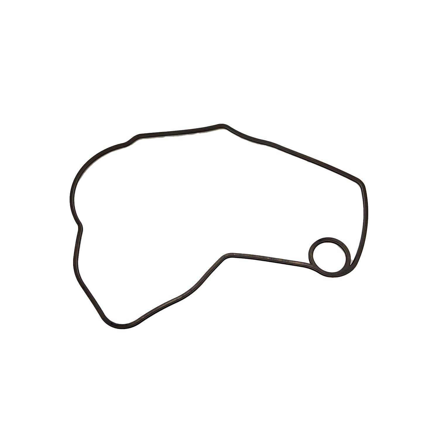 Black rubber stator cover gasket with irregular rounded shape and one smaller circular hole.
