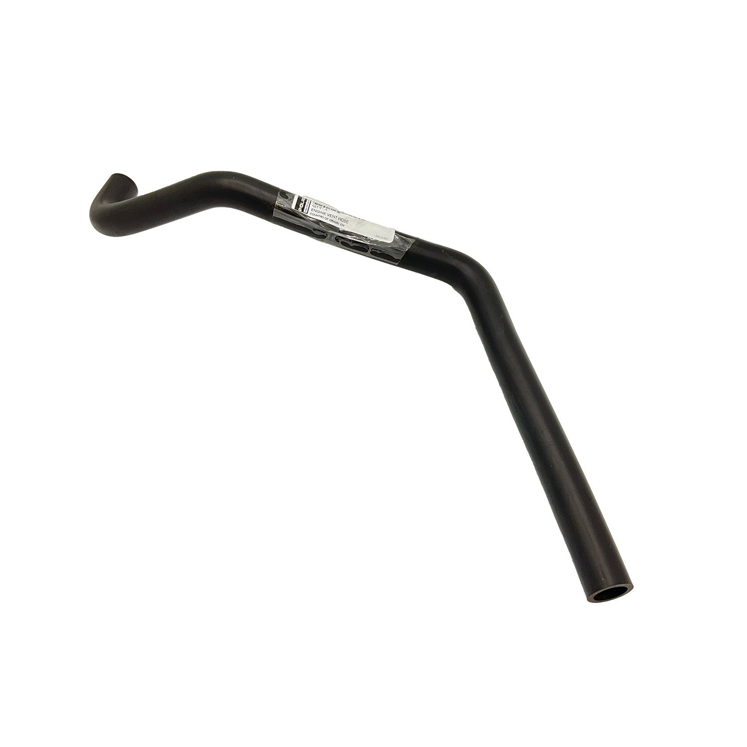Black molded rubber engine vent hose with angled bends and a white barcode label attached.