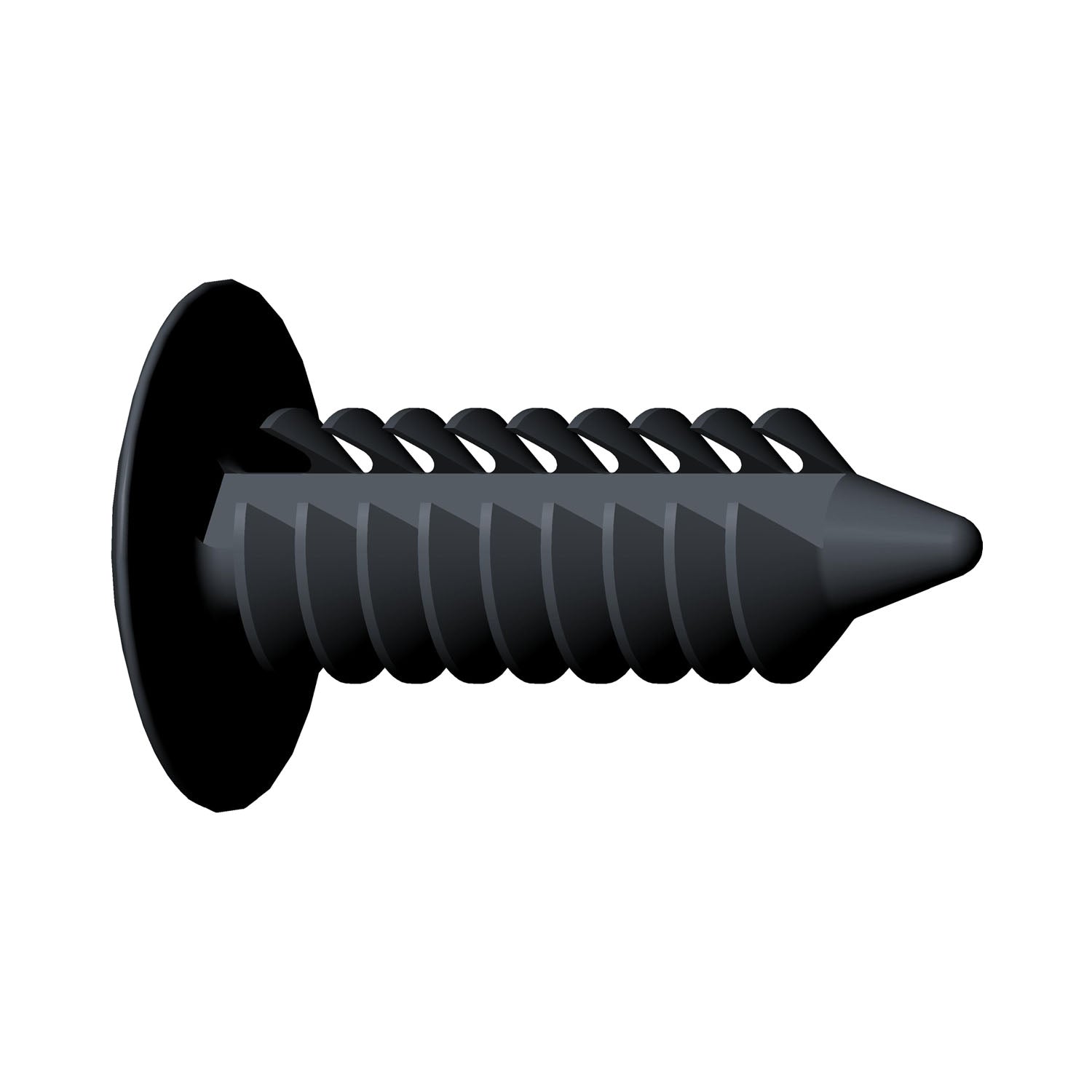 Black plastic retainer moulding clip with a pointed threaded shaft and flat round head.