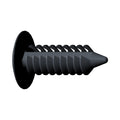 Black plastic retainer moulding clip with a pointed threaded shaft and flat round head.