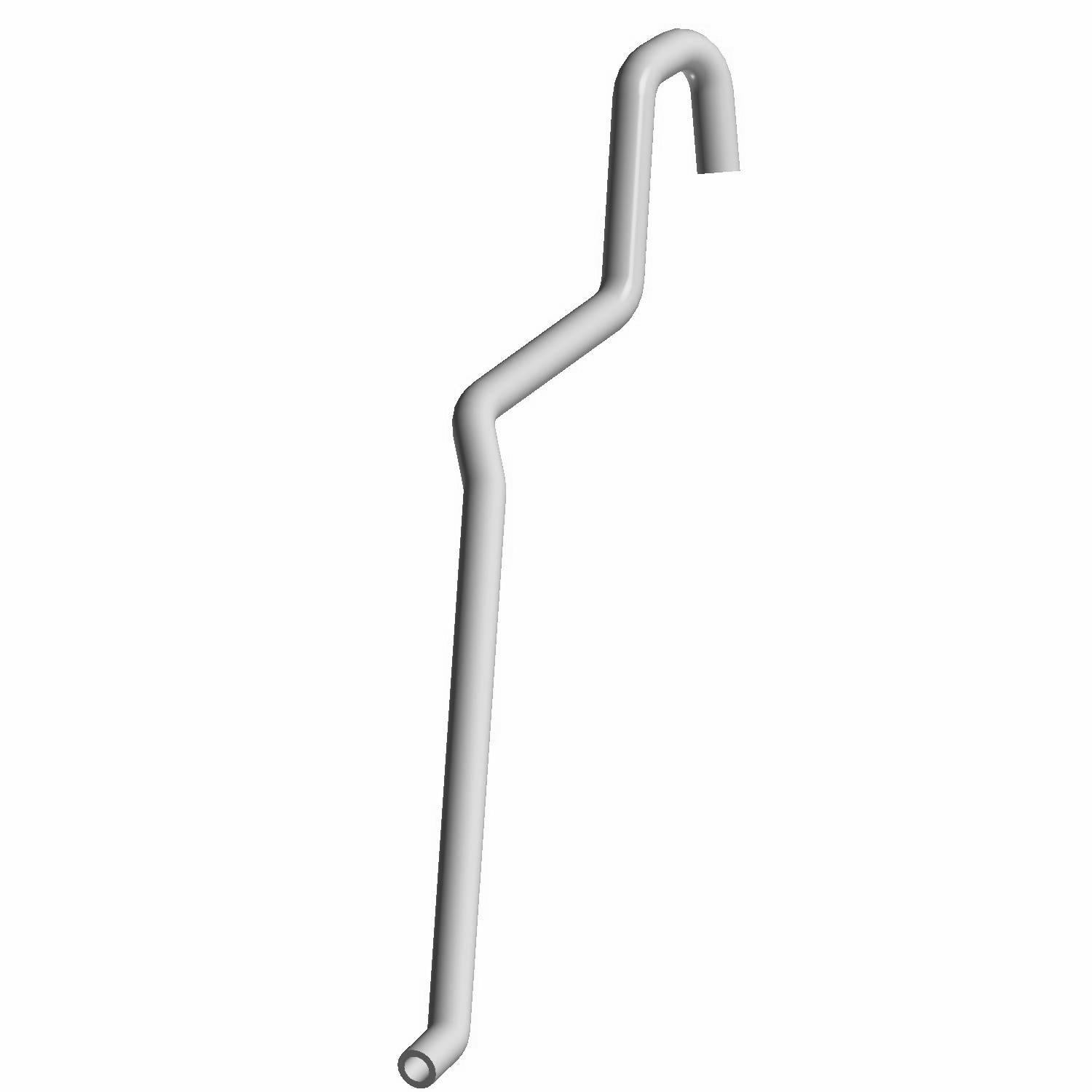 Silver metal crankcase vent line with angled bends and tubular design.