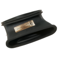 Black rubber airbox connector with oval flange and smooth finish, labeled with product sticker.