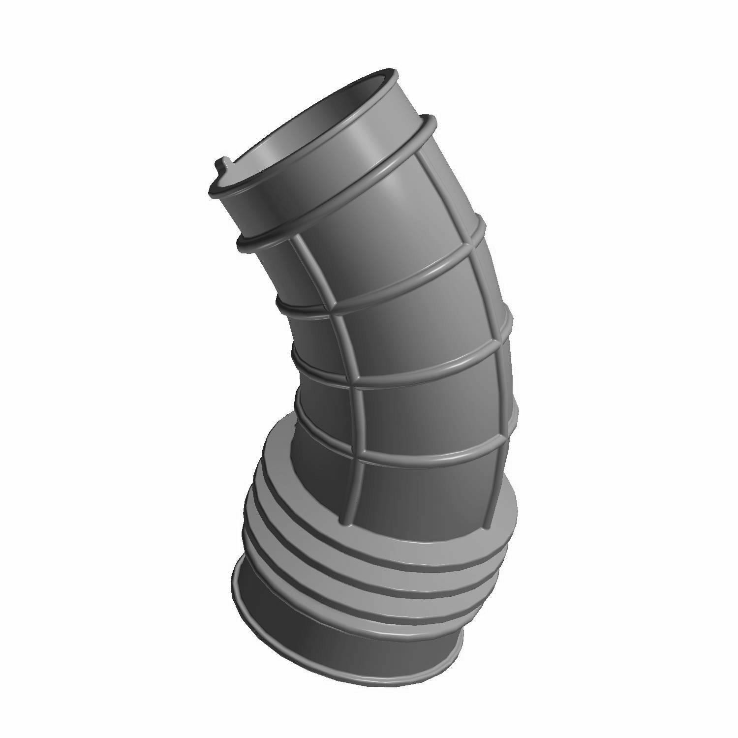 Gray curved intake hose with ribbed exterior and reinforced bands, made for engine housing.