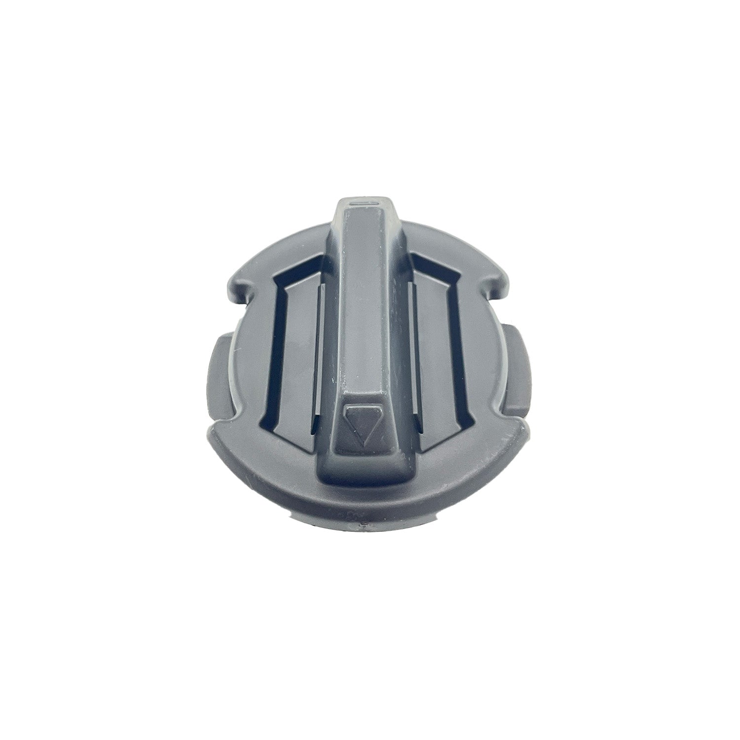 Gray round plastic floor drain plug with central raised handle and grooves.