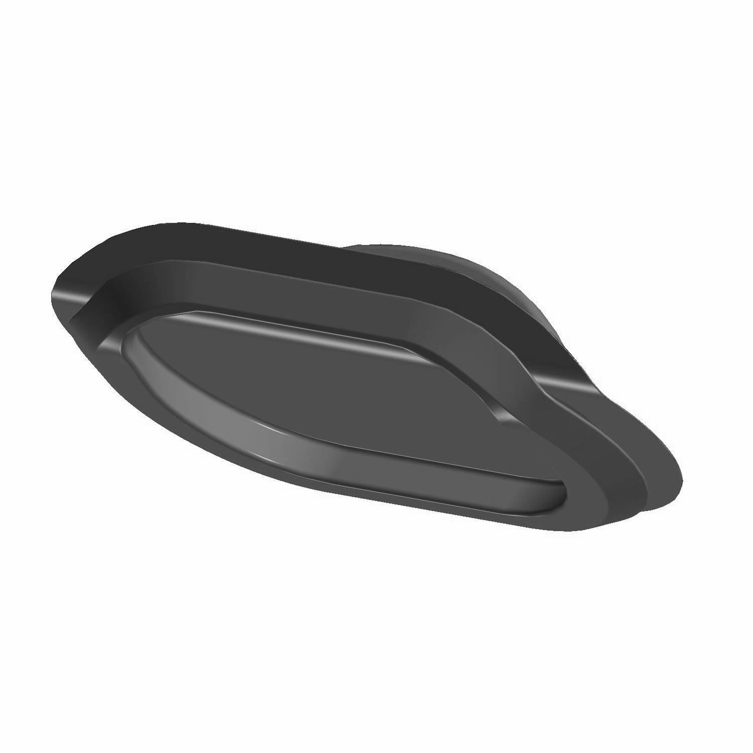 Black plastic closeoff plug duct with a contoured, oval shape and raised edges.