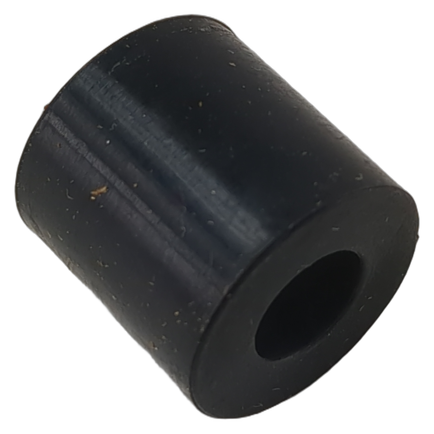 Black cylindrical rubber bushing with a hollow center, smooth surface, and slight taper on one side.